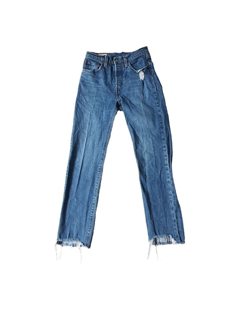 LEVI'S Premium 501 Straight Fit Jeans Chewed Hem Distressed Button Fly Denim